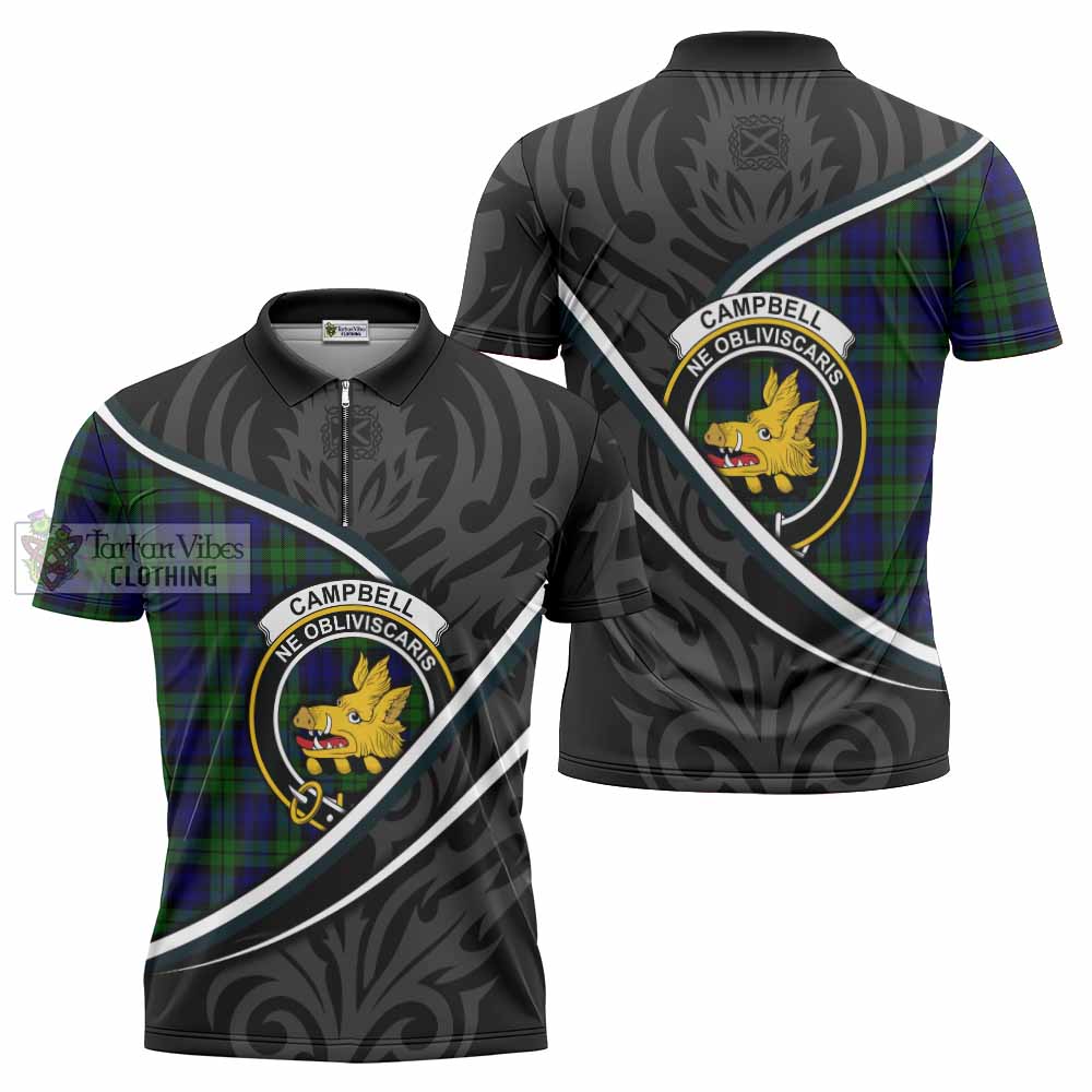 Campbell Tartan Family Crest Zipper Polo Shirt Celtic Scottish Thistle Floral - Tartan Vibes Clothing