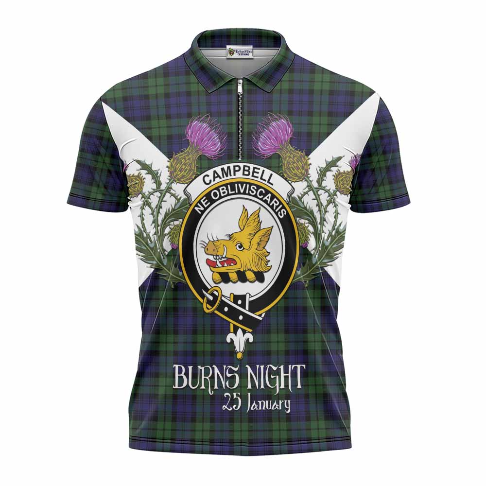 Campbell Tartan Family Crest Zipper Polo Shirt Scottish Burns Night Thistle Floral