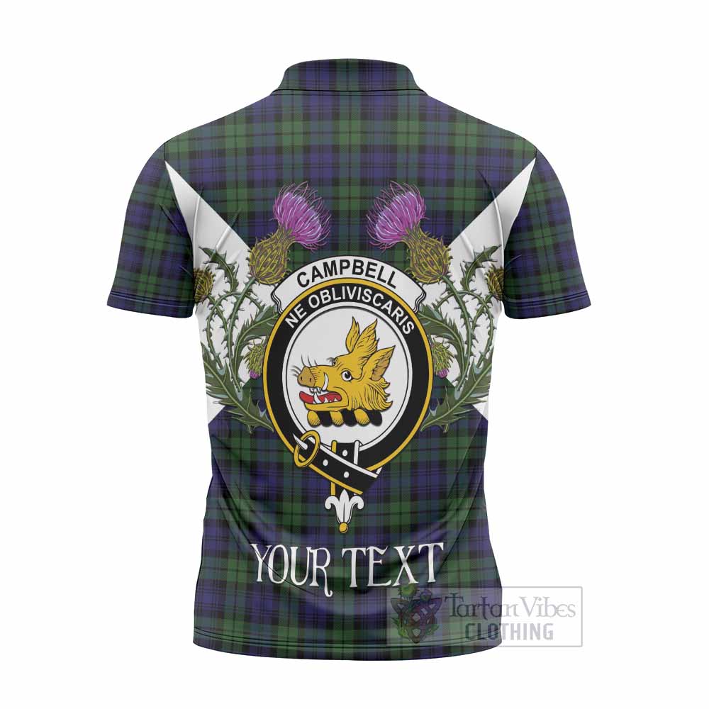 Campbell Tartan Family Crest Zipper Polo Shirt Scottish Burns Night Thistle Floral