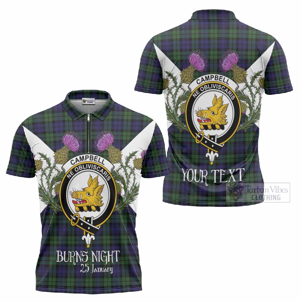 Campbell Tartan Family Crest Zipper Polo Shirt Scottish Burns Night Thistle Floral