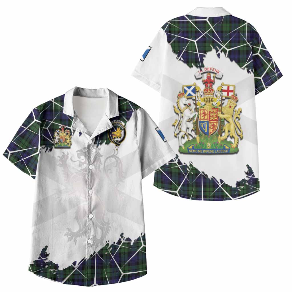 Campbell Tartan Kid Hawaiian Shirt with Family Crest and Lion Rampant Grunge Style
