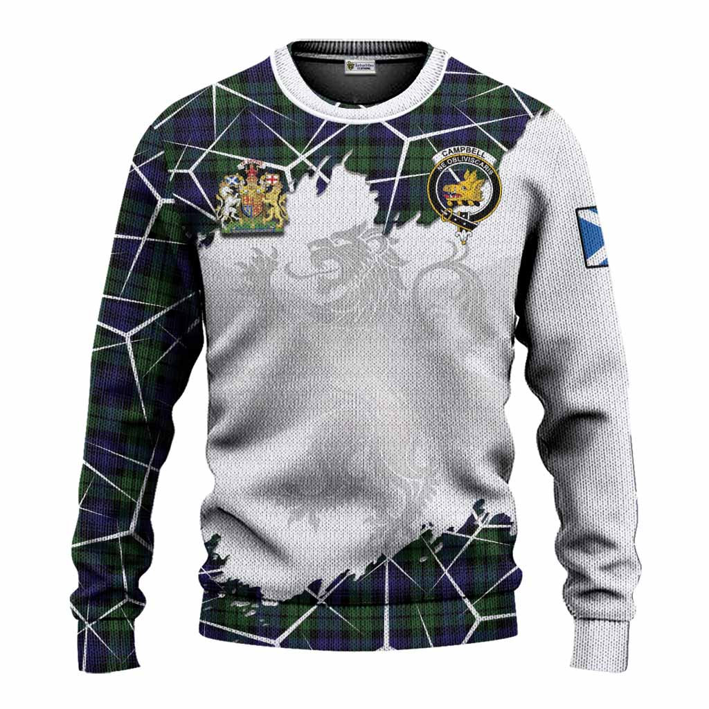 Campbell Tartan Knitted Sweater with Family Crest and Lion Rampant Grunge Style