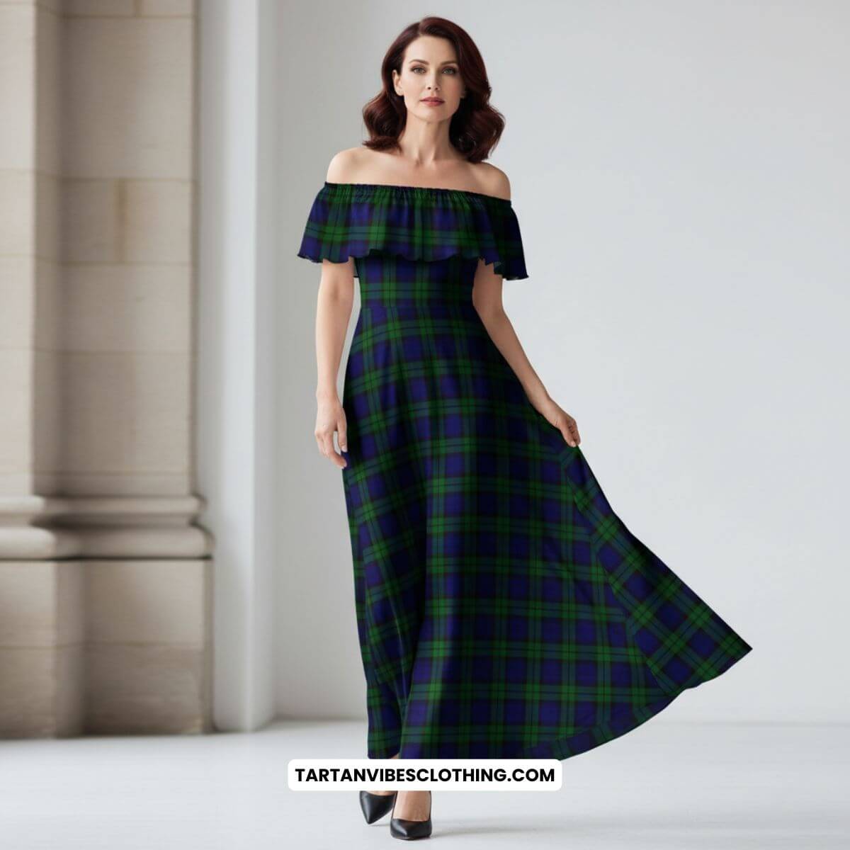 Campbell Tartan Off Shoulder Long Dress