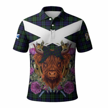 Campbell Tartan Polo Shirt Scottish Thistle Heilan Coo