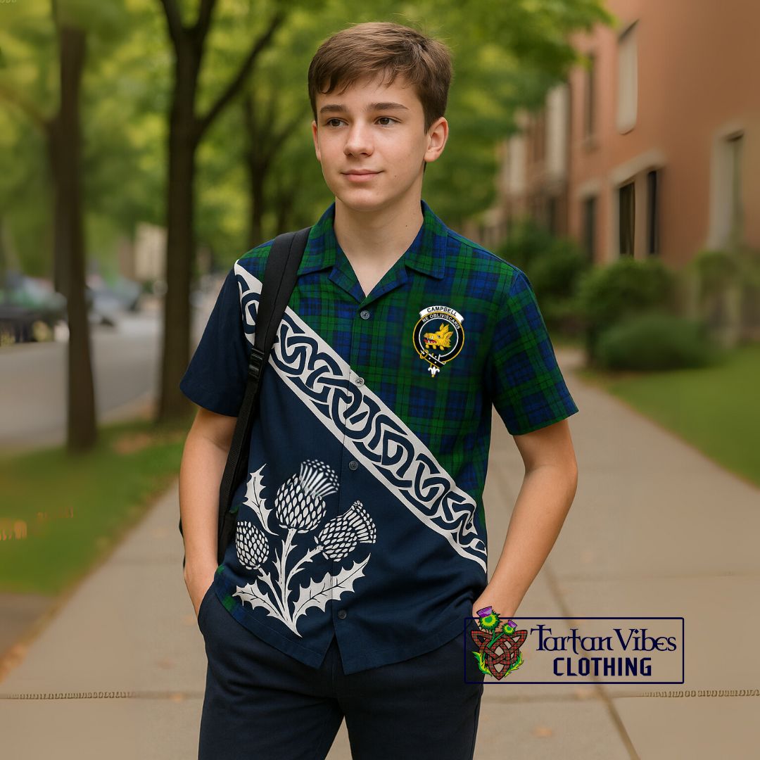 Campbell Tartan Hawaiian Shirt Featuring Thistle and Scotland Map