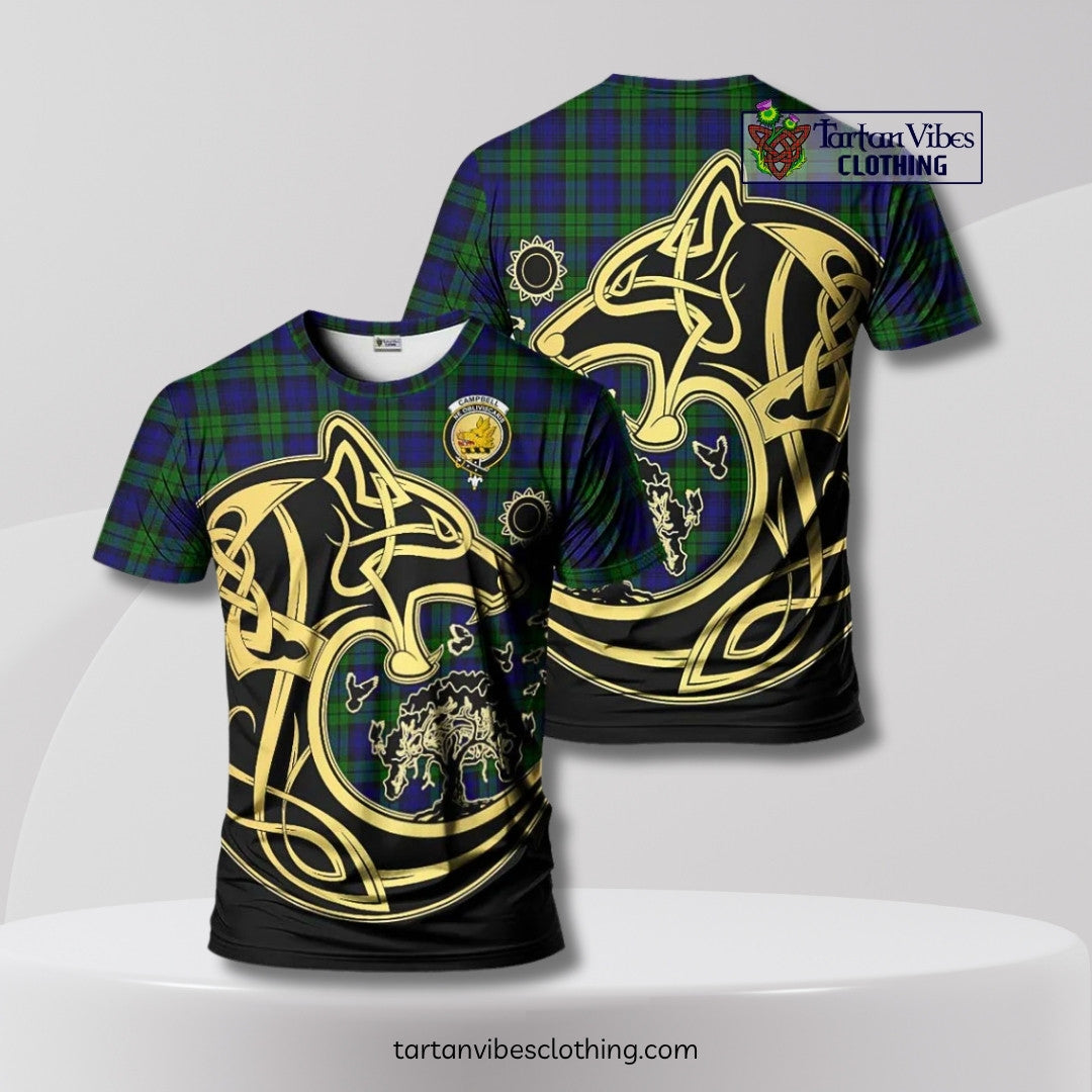 Campbell Tartan T-Shirt with Family Crest Celtic Wolf