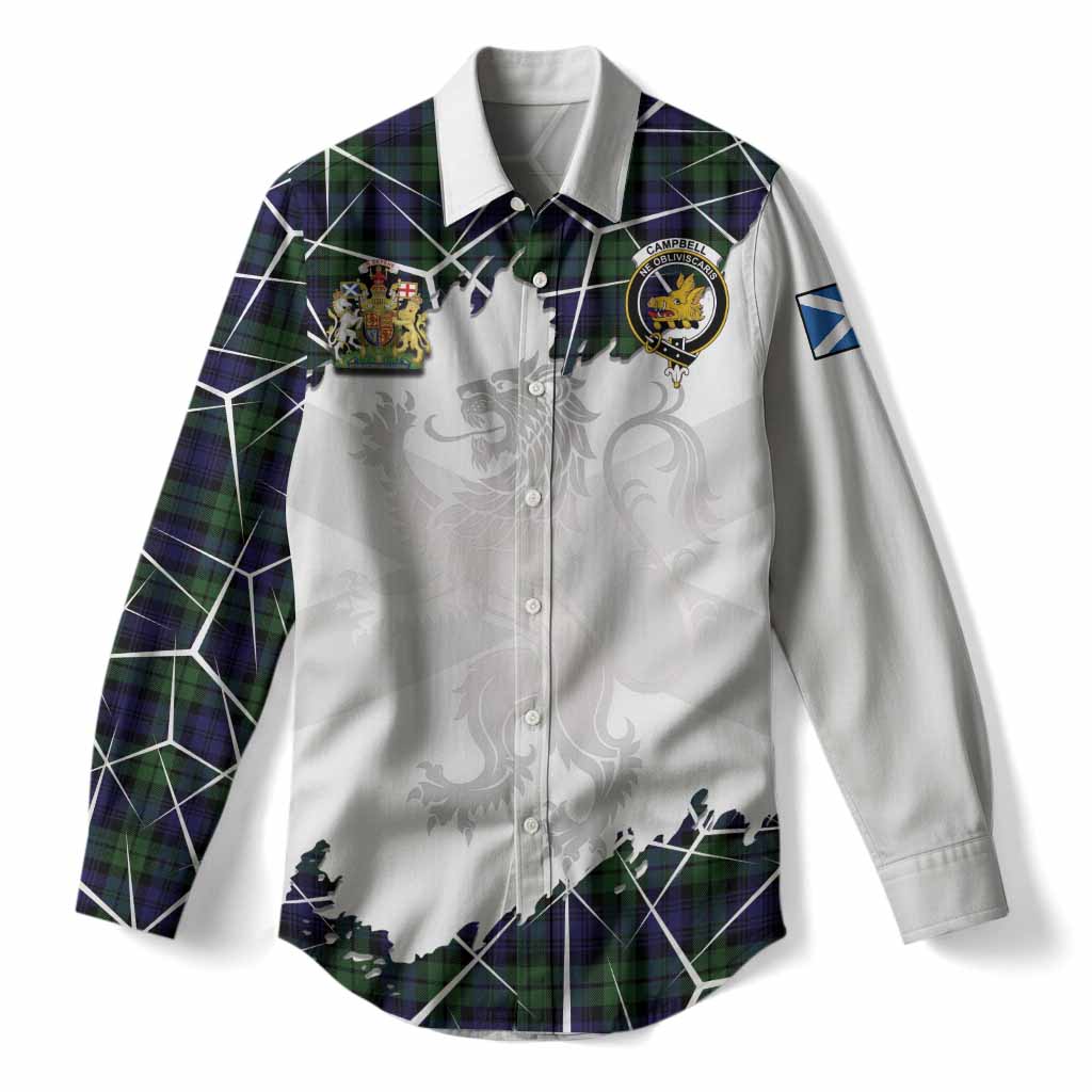 Campbell Tartan Women Casual Shirt with Family Crest and Lion Rampant Grunge Style