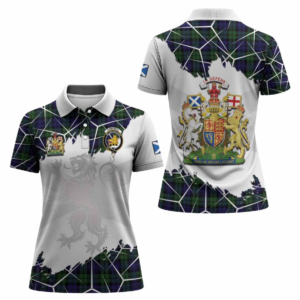 Campbell Tartan Women Polo Shirt with Family Crest and Lion Rampant Grunge Style