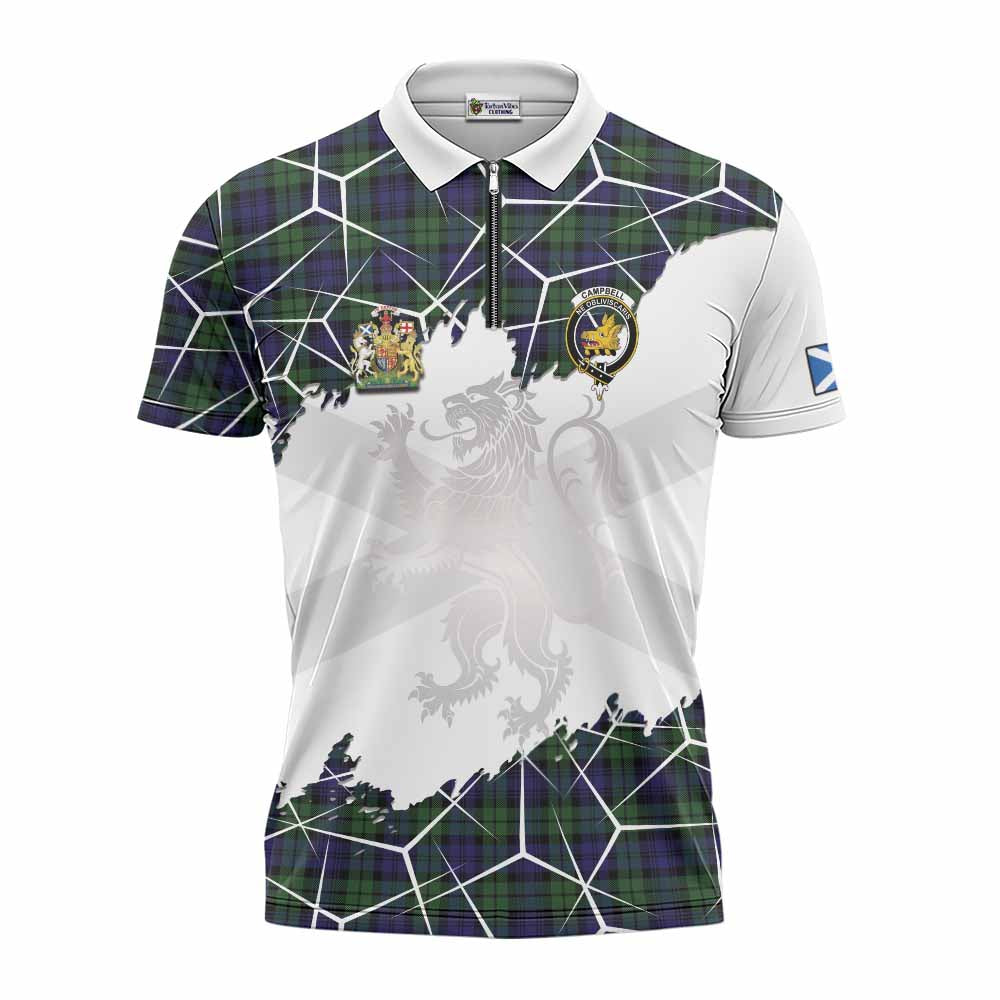 Campbell Tartan Zipper Polo Shirt with Family Crest and Lion Rampant Grunge Style