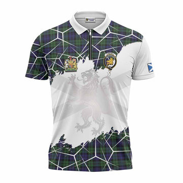 Campbell Tartan Zipper Polo Shirt with Family Crest and Lion Rampant Grunge Style