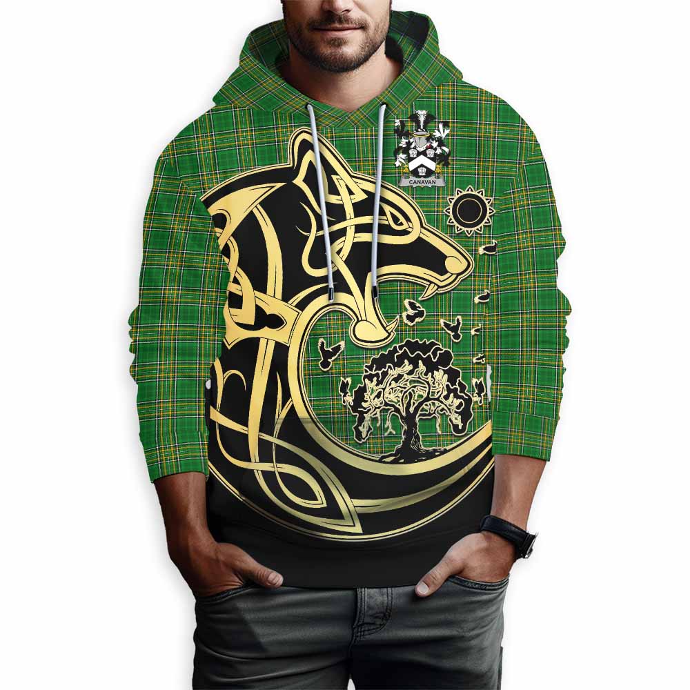 Tartan Vibes Clothing Canavan Irish Tartan Hoodie with Coat of Arms Celtic Wolf Style