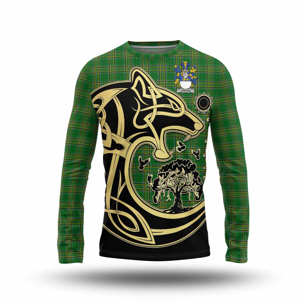 Tartan Vibes Clothing Canton Irish Tartan Long Sleeve T-Shirt with Coat of Arms Celtic Wolf Style