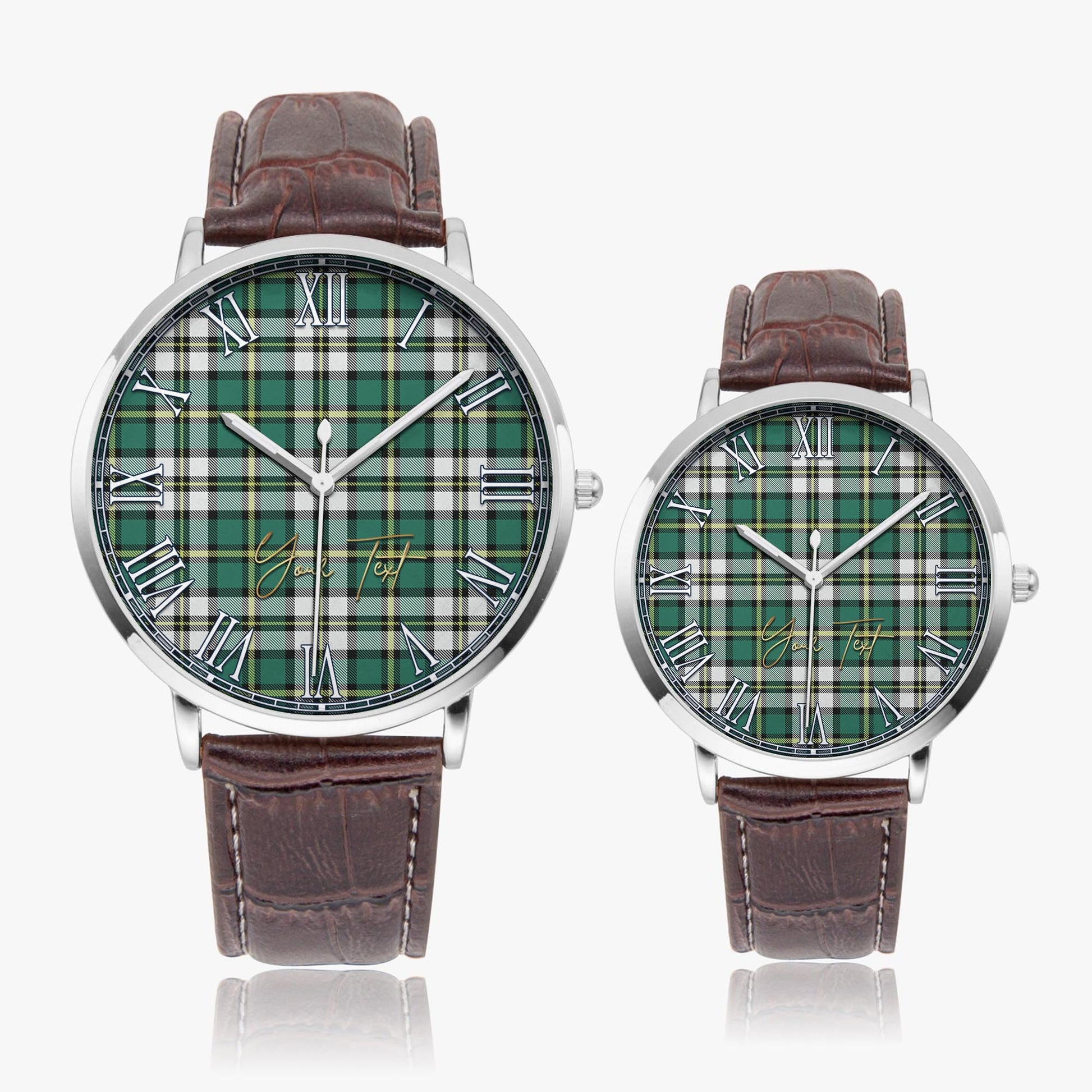 Cape Breton Island Canada Tartan Personalized Your Text Leather Trap Quartz Watch Ultra Thin Silver Case With Brown Leather Strap - Tartanvibesclothing