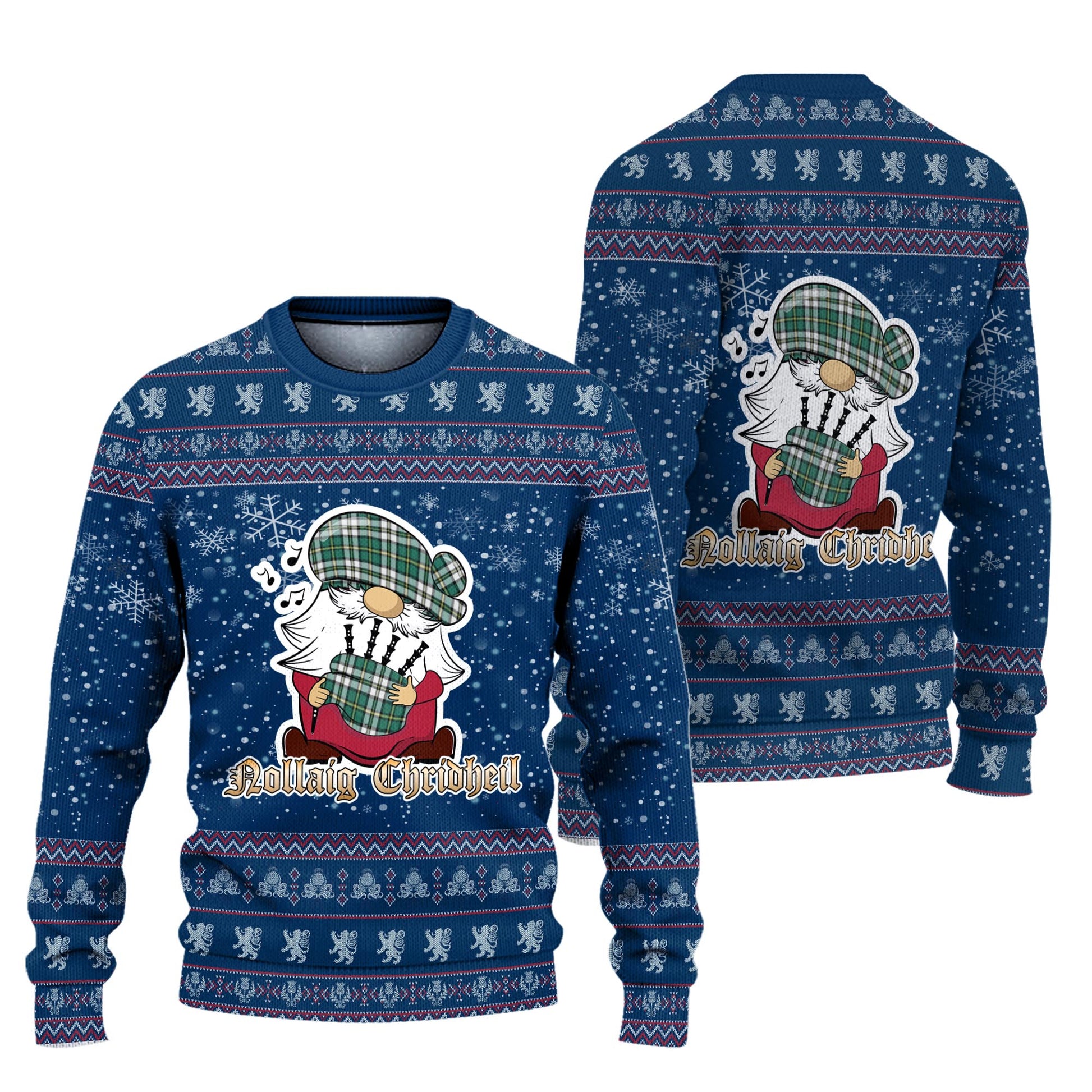 Cape Breton Island Canada Clan Christmas Family Knitted Sweater with Funny Gnome Playing Bagpipes Unisex Blue - Tartanvibesclothing