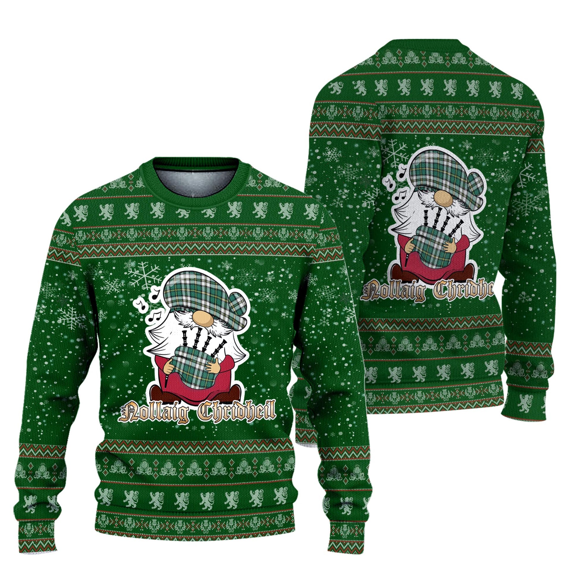 Cape Breton Island Canada Clan Christmas Family Knitted Sweater with Funny Gnome Playing Bagpipes Unisex Green - Tartanvibesclothing