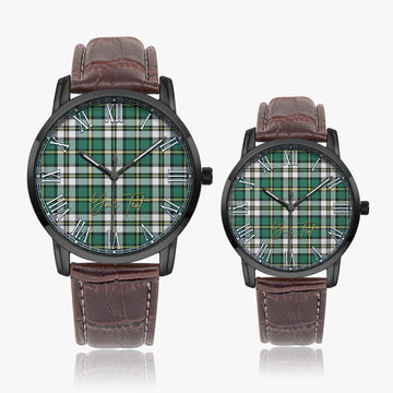 Cape Breton Island Canada Tartan Personalized Your Text Leather Trap Quartz Watch Wide Type Black Case With Brown Leather Strap - Tartanvibesclothing