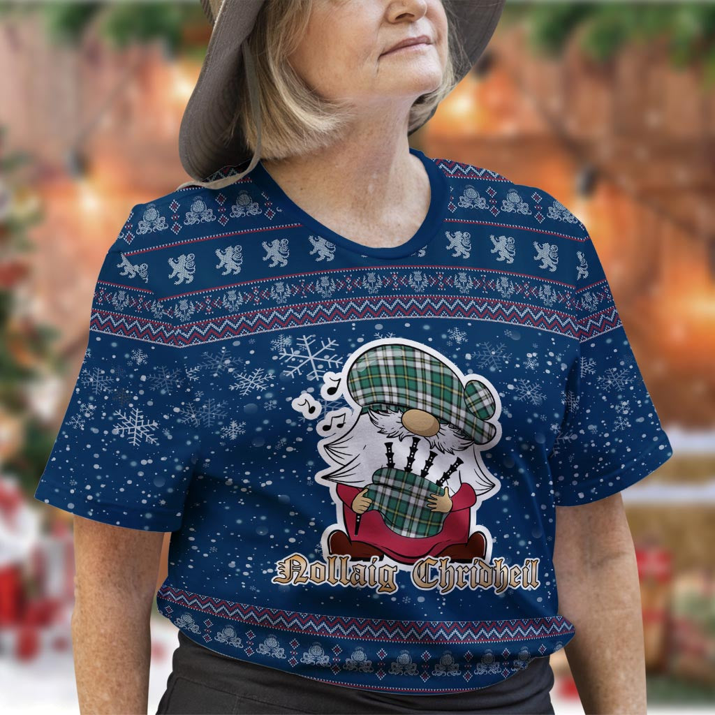Cape Breton Island Canada Clan Christmas Family T-Shirt with Funny Gnome Playing Bagpipes Women's Shirt Blue - Tartanvibesclothing