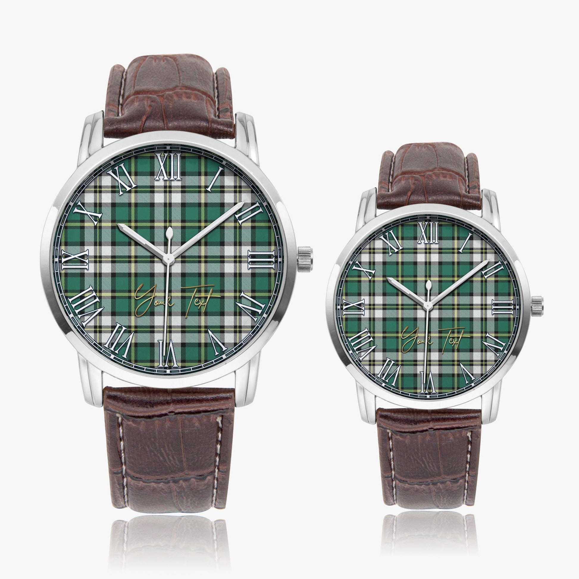 Cape Breton Island Canada Tartan Personalized Your Text Leather Trap Quartz Watch Wide Type Silver Case With Brown Leather Strap - Tartanvibesclothing
