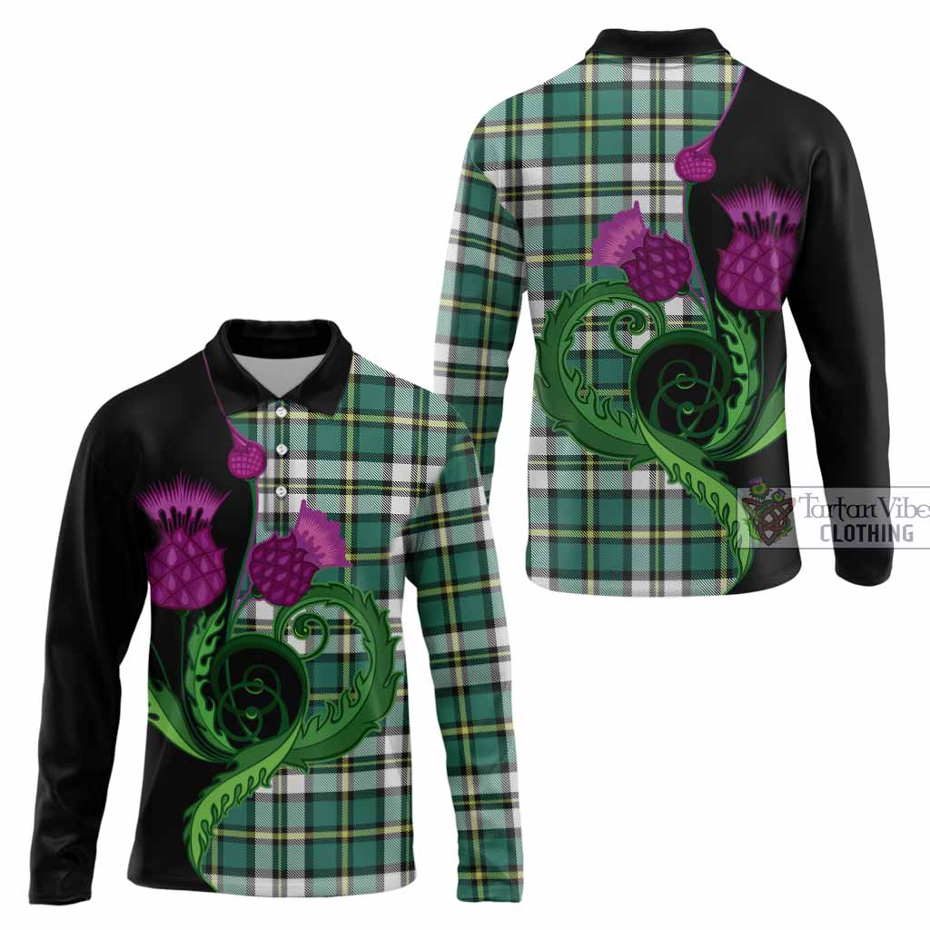 Cape Breton Island Canada Tartan Long Sleeve Polo Shirt Traditional Scottish Thistle