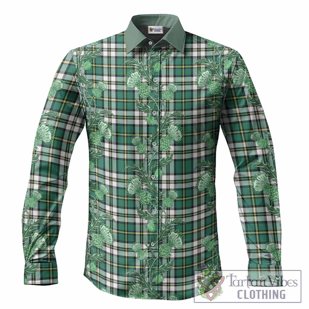 Cape Breton Island Tartan Long Sleeve Button Shirts Seamless Scottish Thistle Flowers