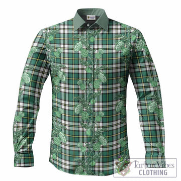 Cape Breton Island Tartan Long Sleeve Button Shirts Seamless Scottish Thistle Flowers