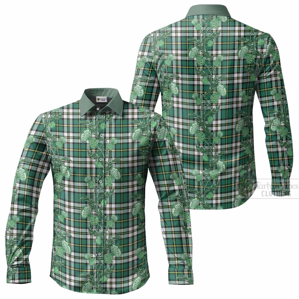 Cape Breton Island Tartan Long Sleeve Button Shirts Seamless Scottish Thistle Flowers