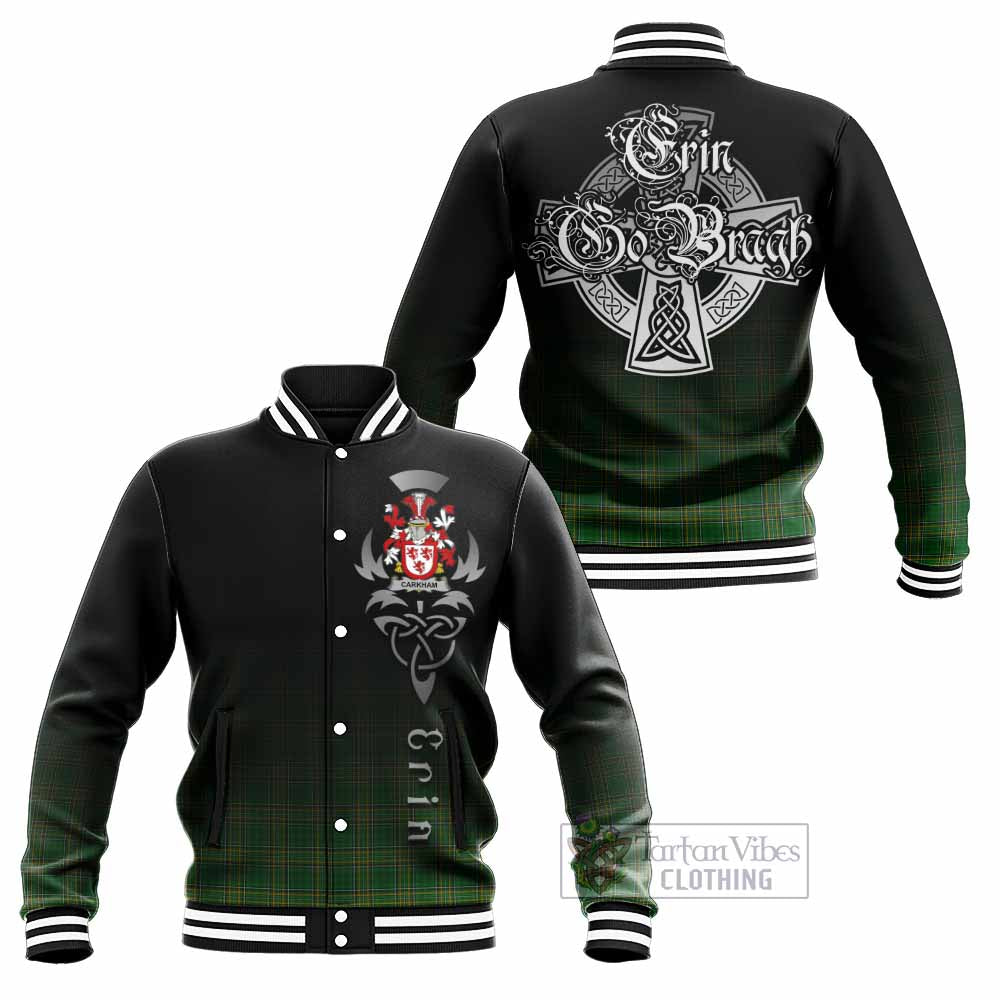 Tartan Vibes Clothing Carkham Irish Clan Baseball Jacket with Coat of Arms Erin Go Bragh Celtic Inspired