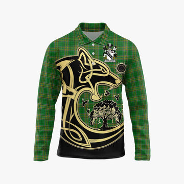 Tartan Vibes Clothing Carleton Irish Tartan Long Sleeve Polo Shirt with Coat of Arms Celtic Wolf Style