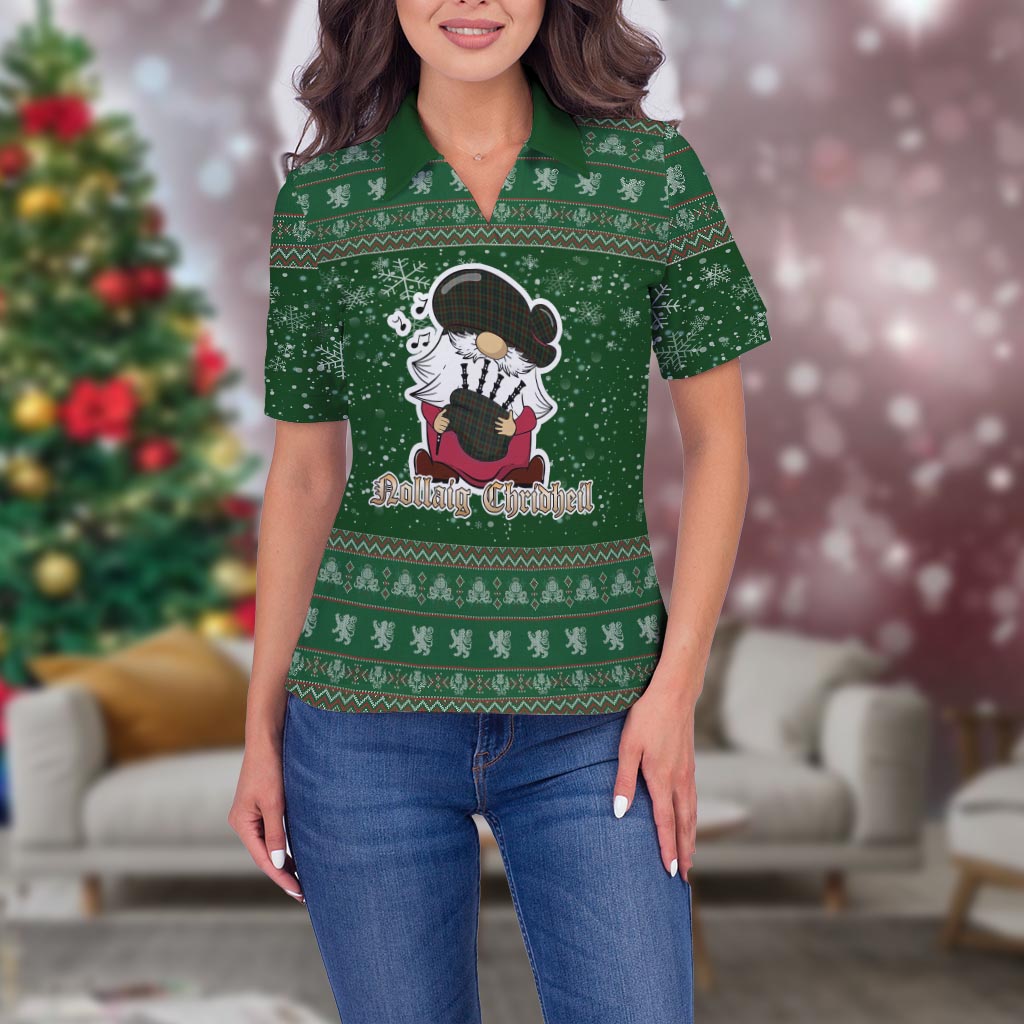 Carlow County Ireland Clan Christmas Family Polo Shirt with Funny Gnome Playing Bagpipes Women's Polo Shirt Green - Tartanvibesclothing