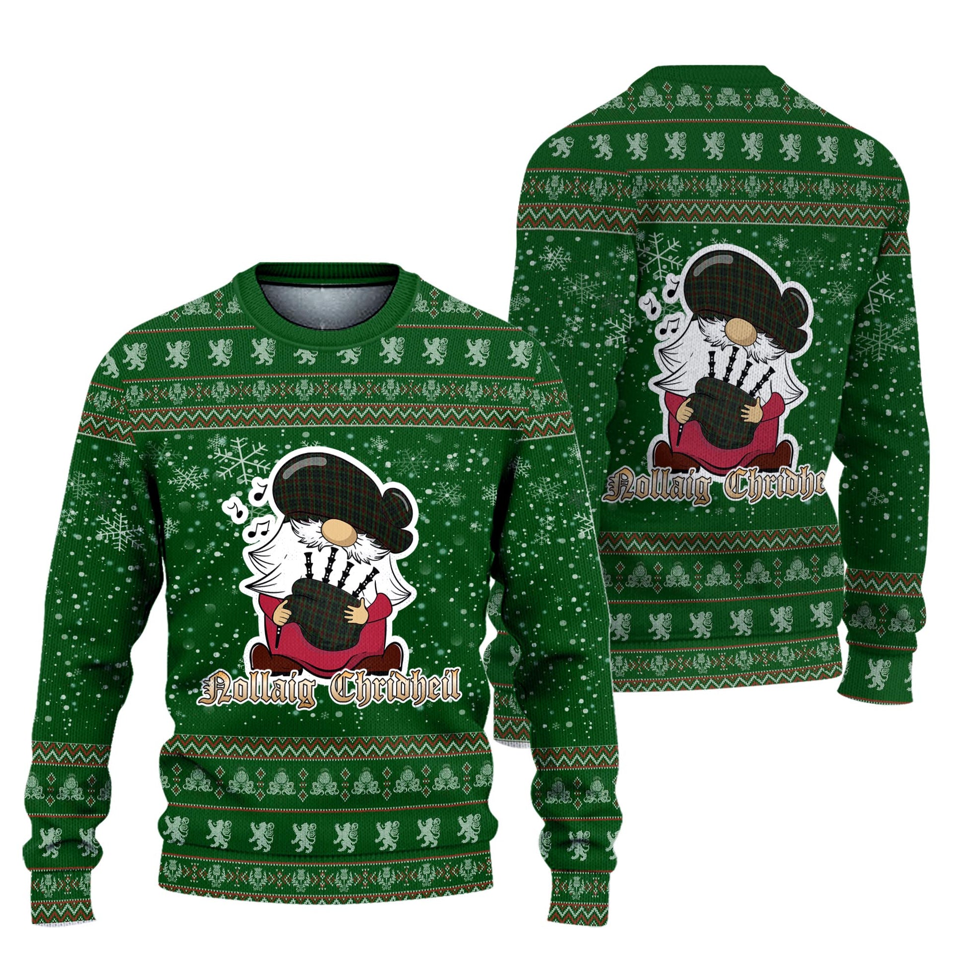 Carlow County Ireland Clan Christmas Family Knitted Sweater with Funny Gnome Playing Bagpipes Unisex Green - Tartanvibesclothing