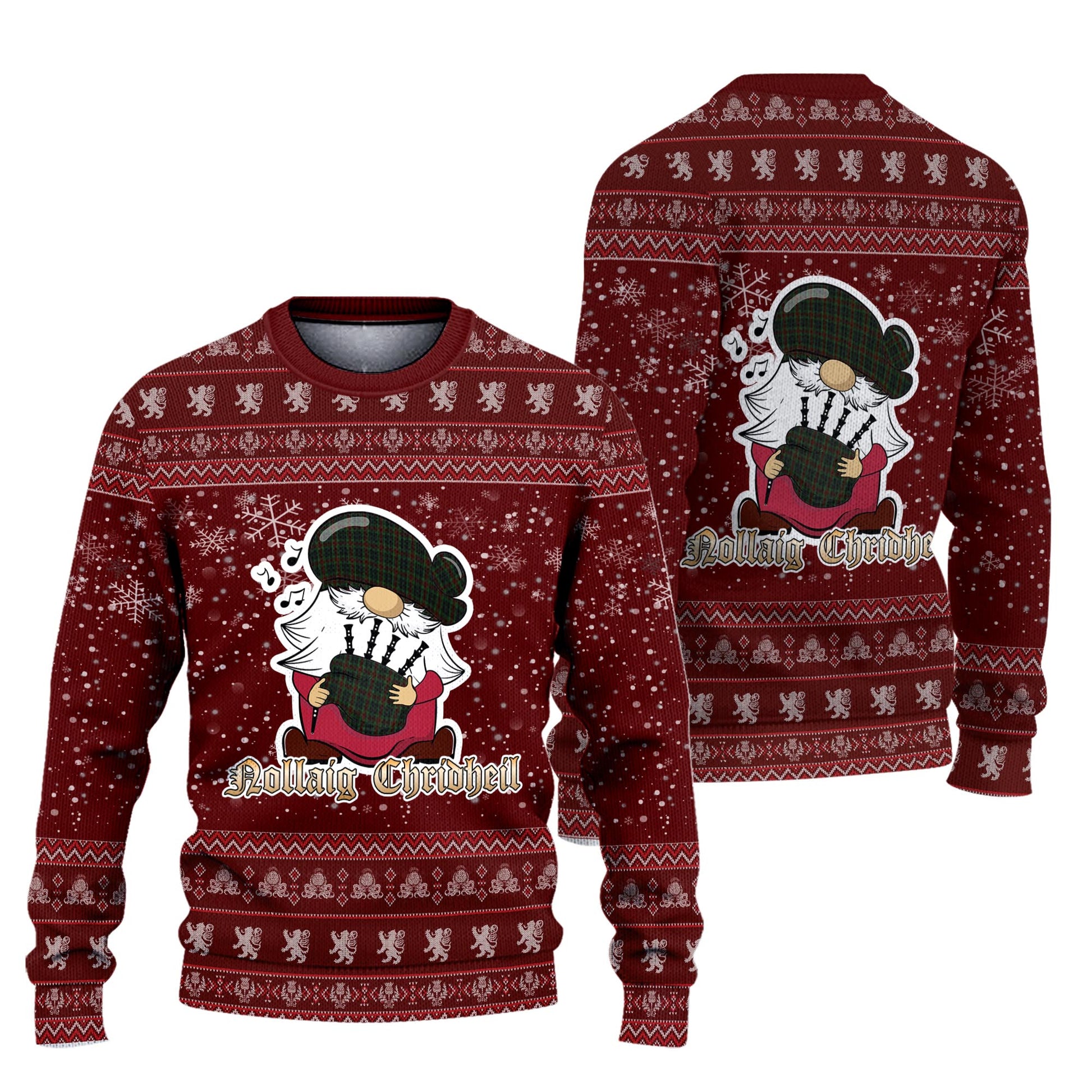 Carlow County Ireland Clan Christmas Family Knitted Sweater with Funny Gnome Playing Bagpipes Unisex Red - Tartanvibesclothing
