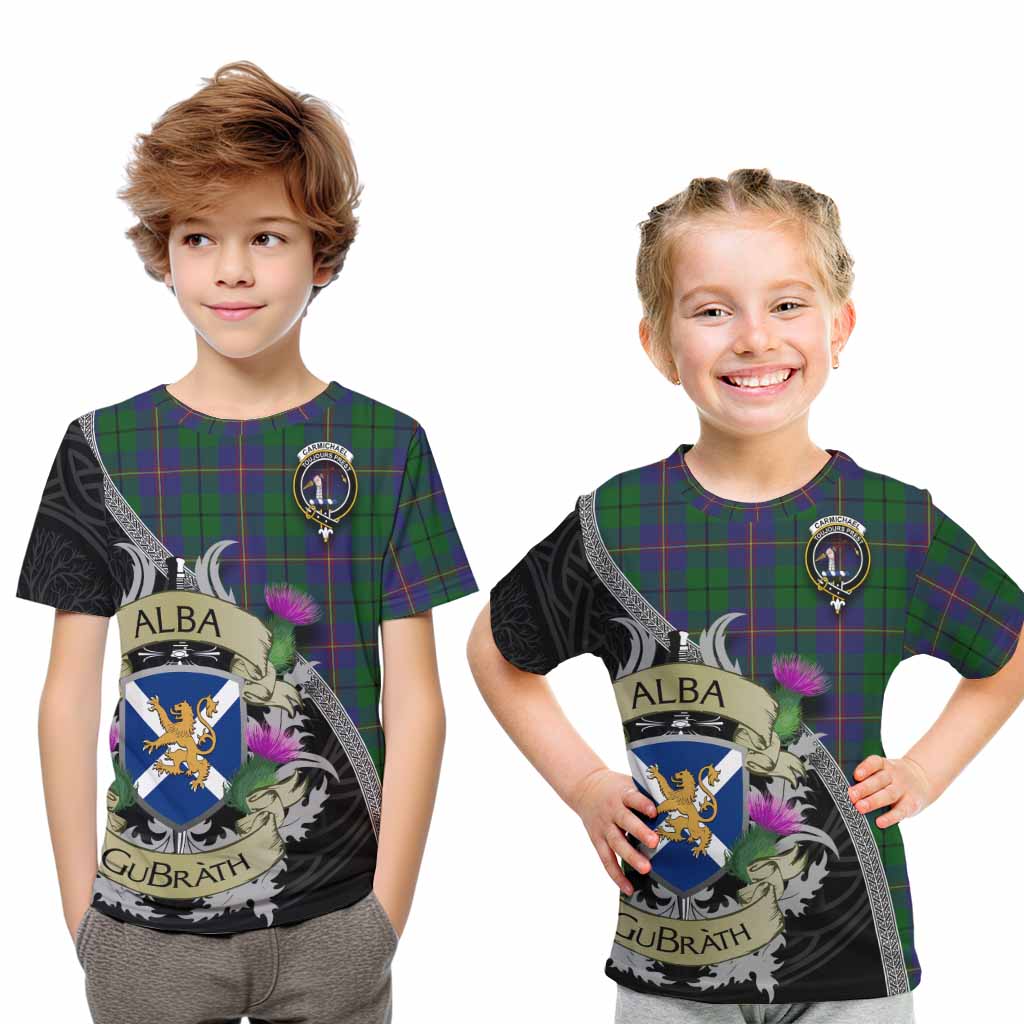 Tartan Vibes Clothing Carmichael Tartan Family Crest Kid T-Shirt Lion Rampant Royal Thistle Shield Celtic Inspired