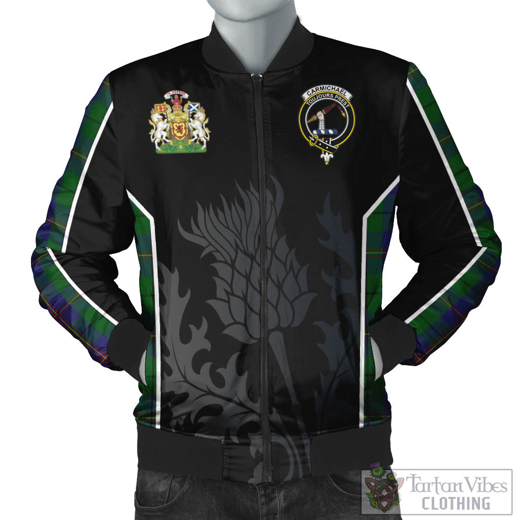 Tartan Vibes Clothing Carmichael Tartan Bomber Jacket with Family Crest and Scottish Thistle Vibes Sport Style