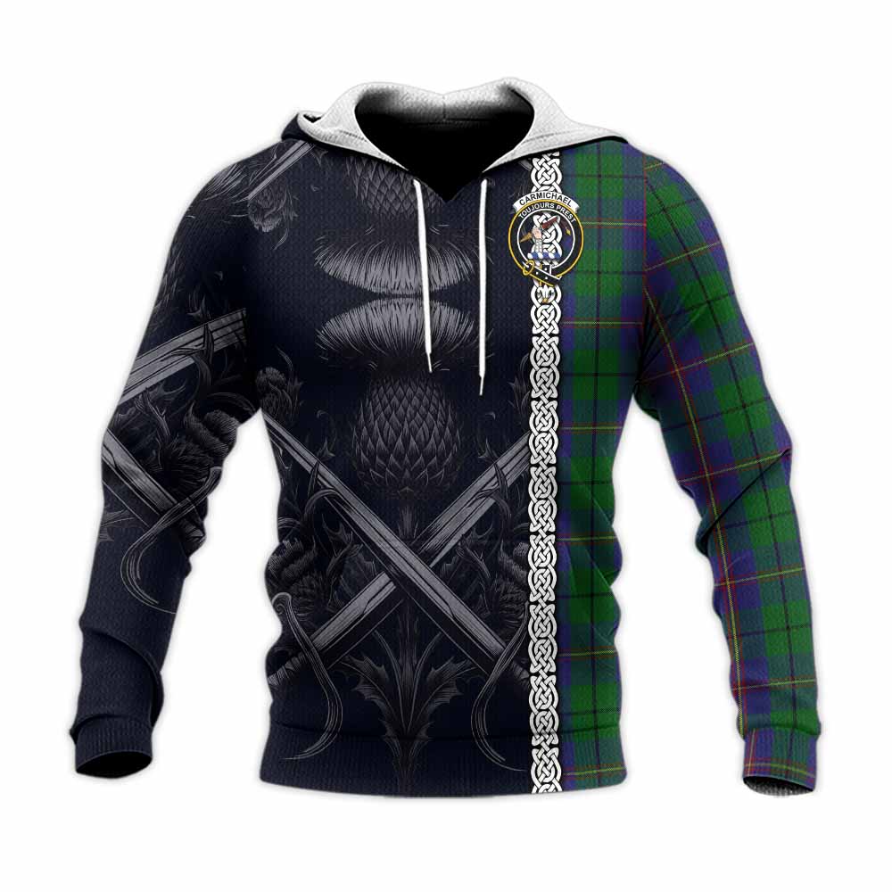Tartan Vibes Clothing Carmichael Tartan Knitted Hoodie with Family Crest Cross Sword Thistle Celtic Vibes