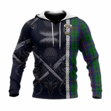Tartan Vibes Clothing Carmichael Tartan Knitted Hoodie with Family Crest Cross Sword Thistle Celtic Vibes