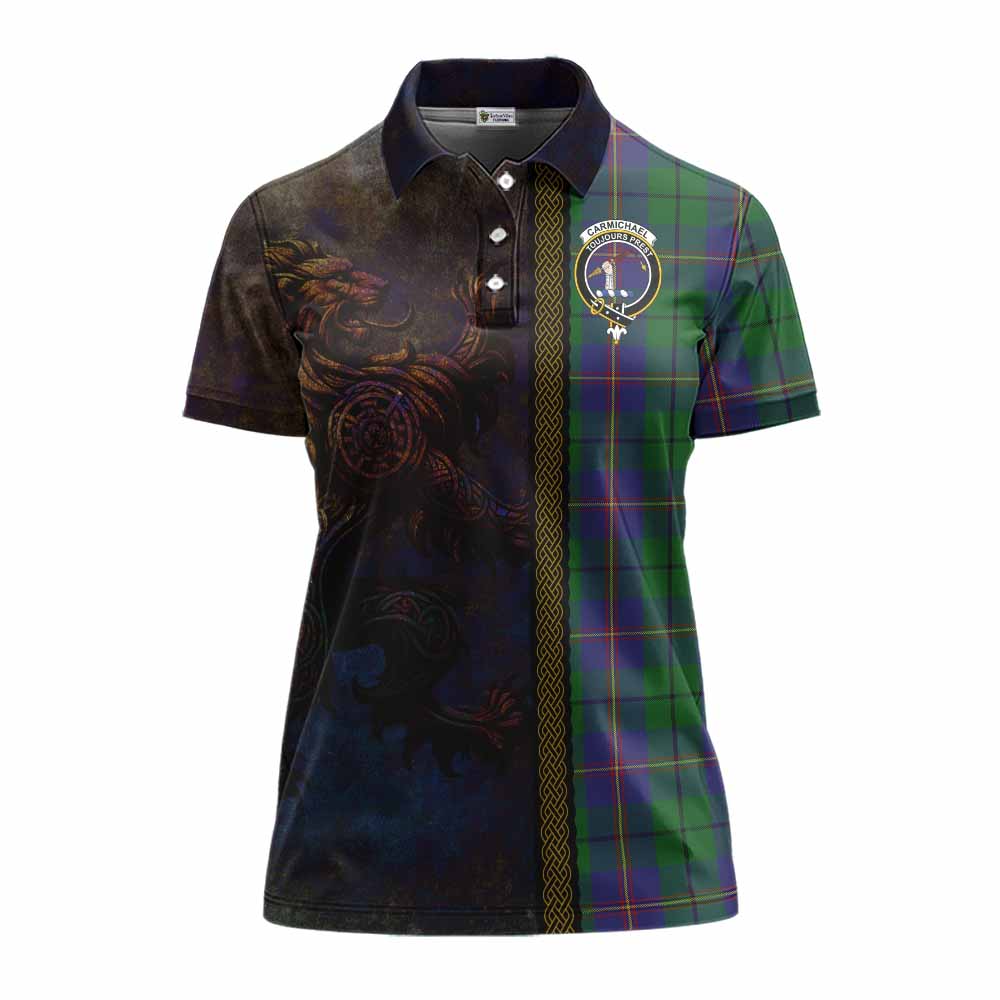 Tartan Vibes Clothing Carmichael Tartan Family Crest Women's Polo Shirt Alba Gu Brath Be Brave Lion Ancient Style