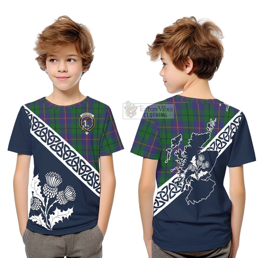 Tartan Vibes Clothing Carmichael Tartan Kid T-Shirt Featuring Thistle and Scotland Map