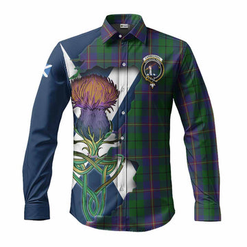 Tartan Vibes Clothing Carmichael Tartan Family Crest Long Sleeve Button Shirt Scottish Thistle Celtic Inspired