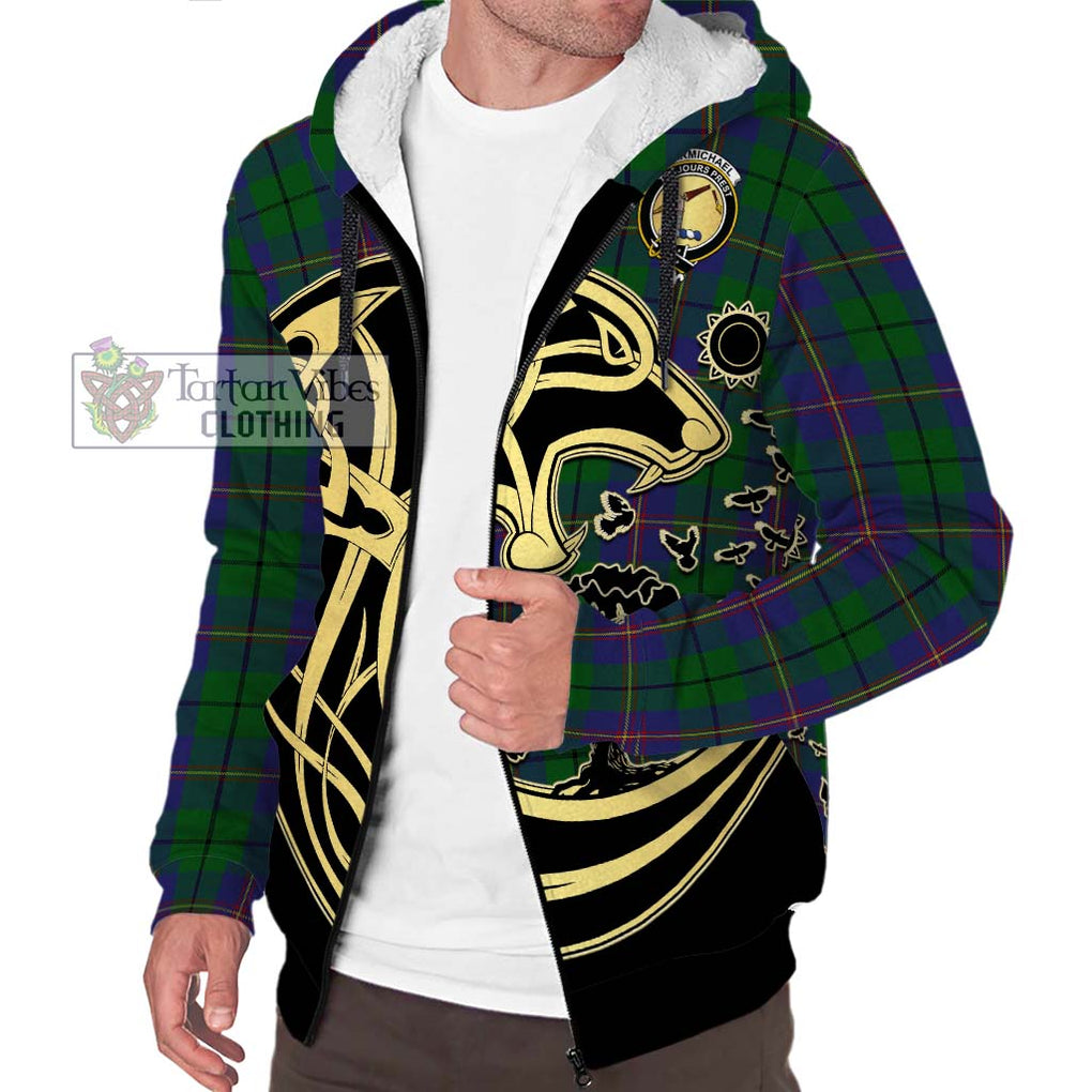 Carmichael Tartan Sherpa Hoodie with Family Crest Celtic Wolf Style Unisex S - Tartan Vibes Clothing
