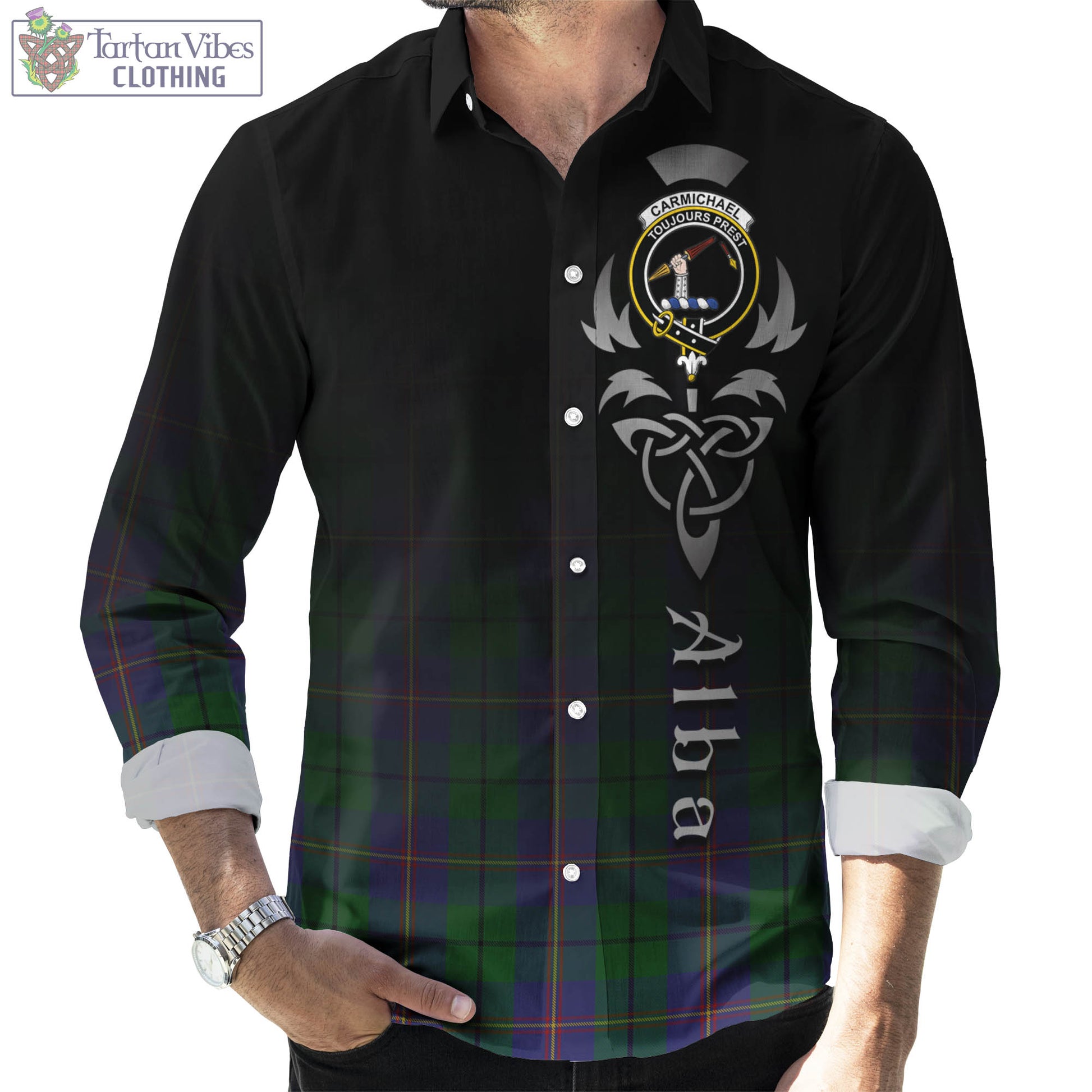 Tartan Vibes Clothing Carmichael Tartan Long Sleeve Button Up Featuring Alba Gu Brath Family Crest Celtic Inspired
