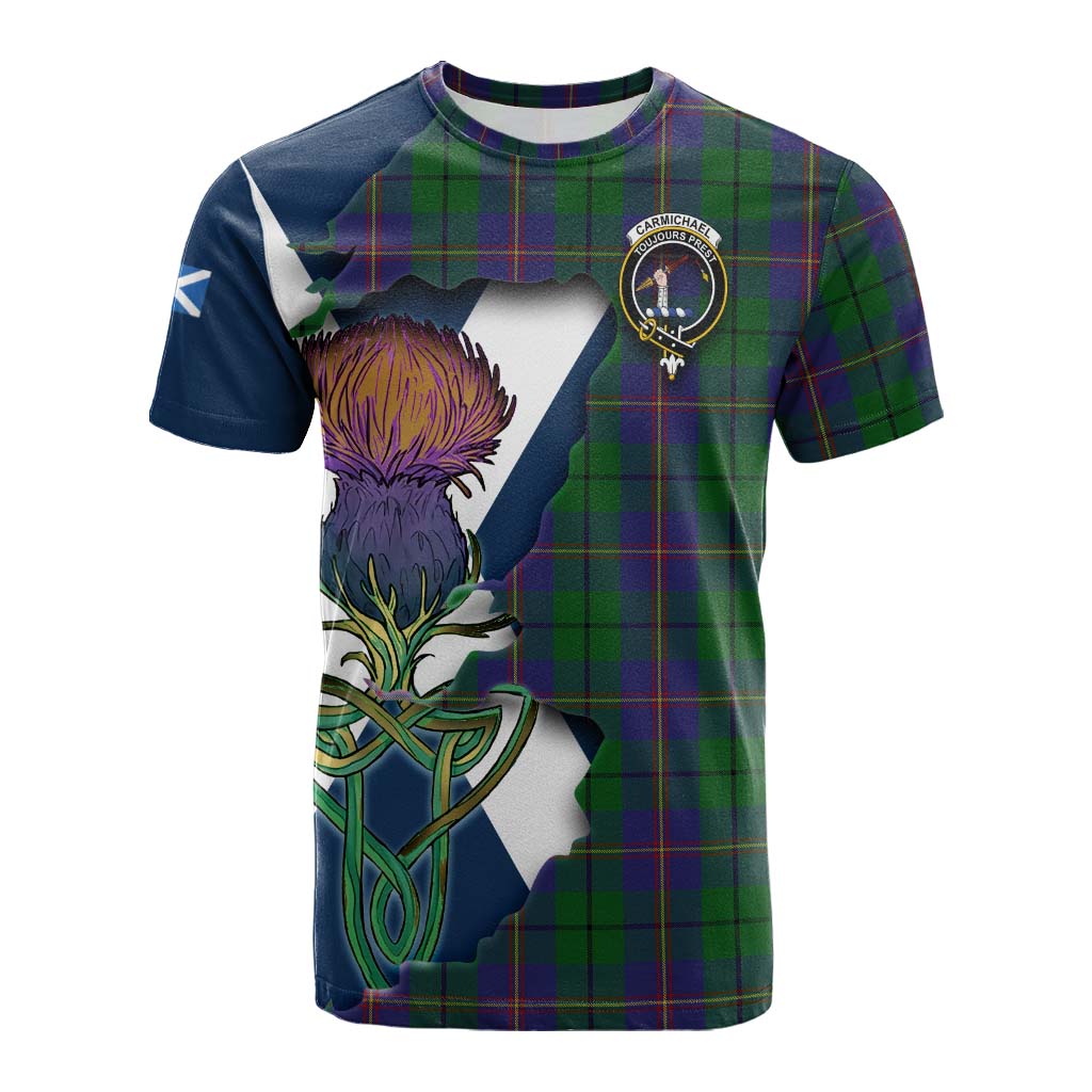 Tartan Vibes Clothing Carmichael Tartan Family Crest Cotton T-shirt Scottish Thistle Celtic Inspired
