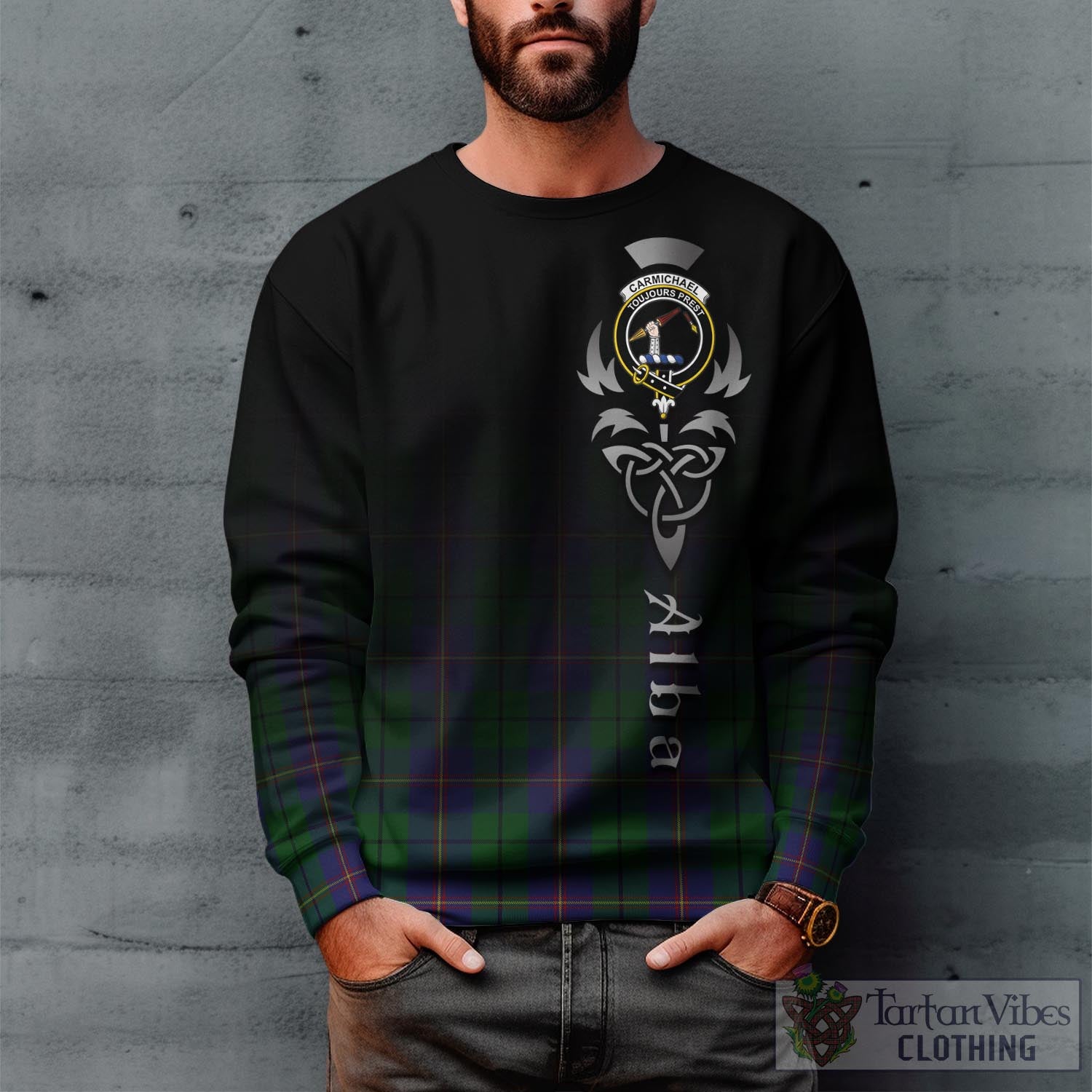 Tartan Vibes Clothing Carmichael Tartan Sweatshirt Featuring Alba Gu Brath Family Crest Celtic Inspired