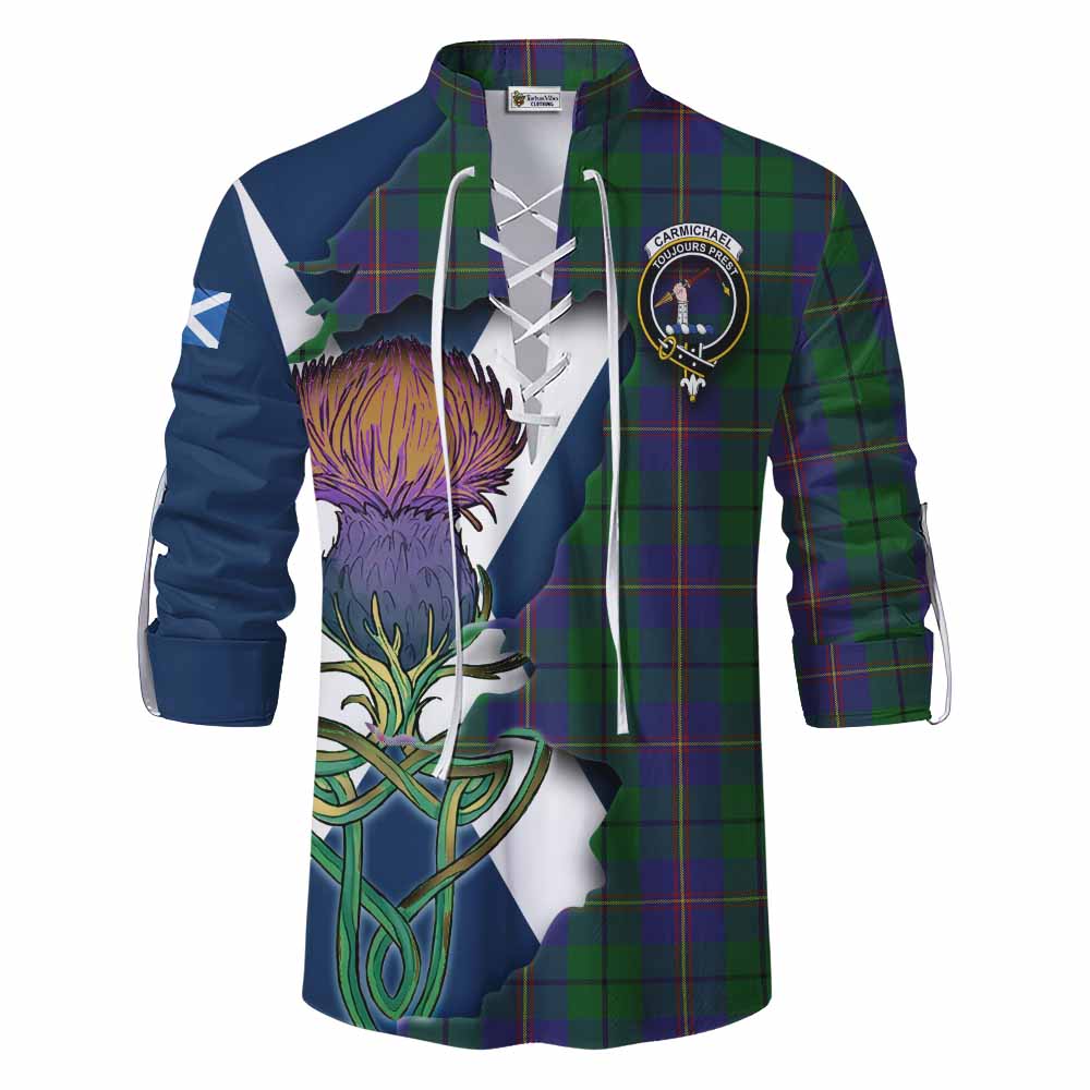 Tartan Vibes Clothing Carmichael Tartan Family Crest Ghillie Kilt Shirt Scottish Thistle Celtic Inspired