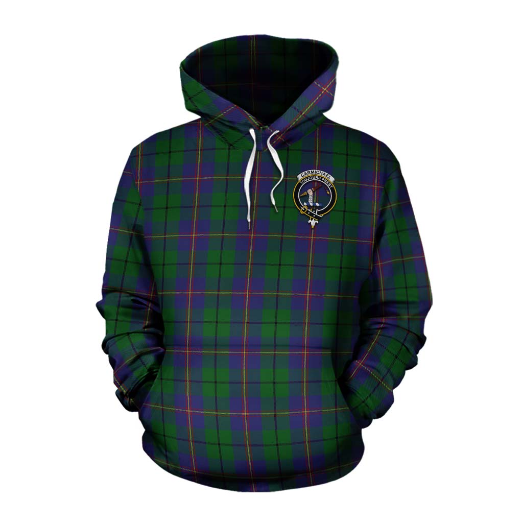Tartan Vibes Clothing Carmichael Tartan Cotton Hoodie with Family Crest and Bearded Skull Holding Bottles of Whiskey