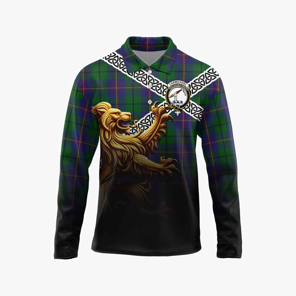 Tartan Vibes Clothing Carmichael Crest Tartan Long Sleeve Polo Shirt with Golden Lion Emblem Celtic Style