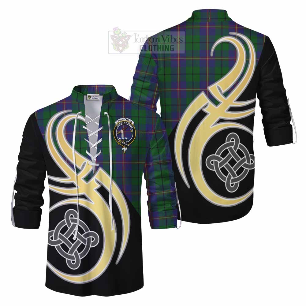 Tartan Vibes Clothing Carmichael Tartan Ghillie Kilt Shirt with Family Crest and Celtic Symbol Style