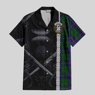 Tartan Vibes Clothing Carmichael Tartan Short Sleeve Button Shirt with Family Crest Cross Sword Thistle Celtic Vibes