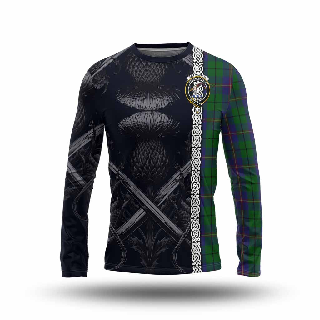 Tartan Vibes Clothing Carmichael Tartan Long Sleeve T-Shirt with Family Crest Cross Sword Thistle Celtic Vibes