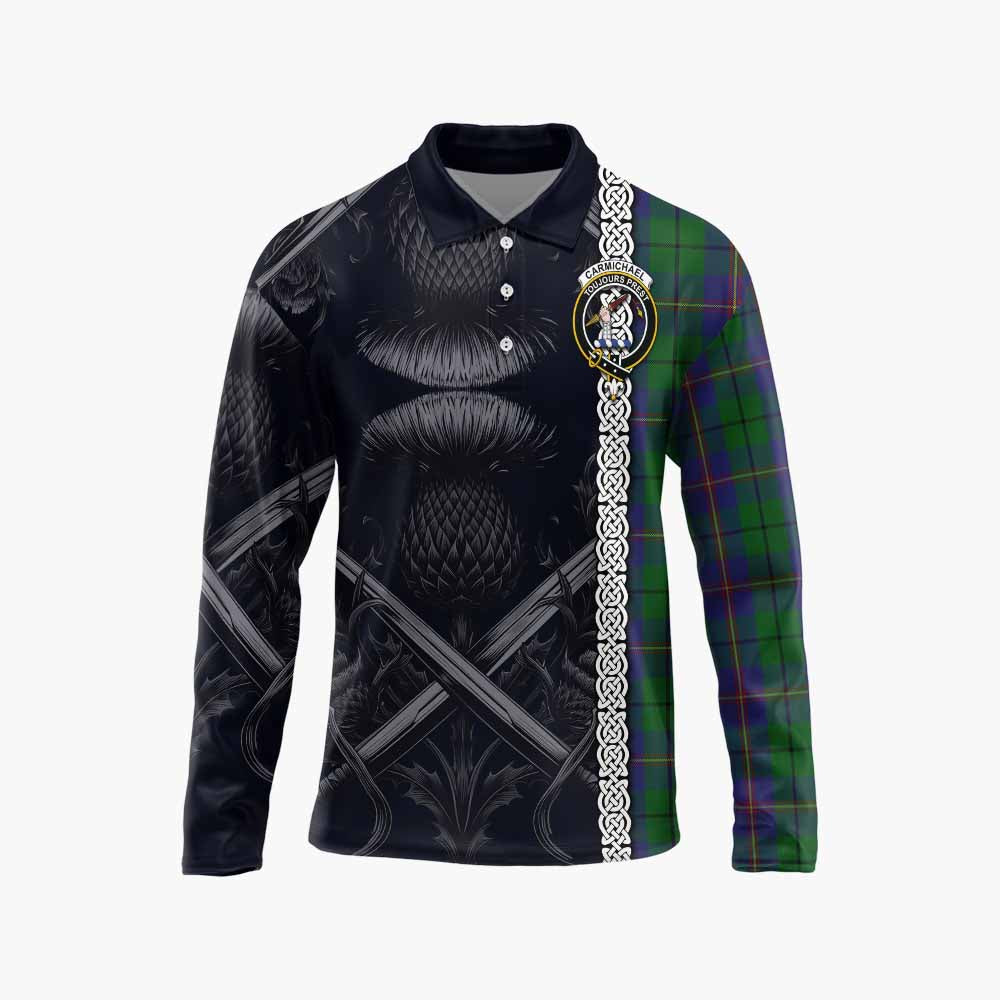 Tartan Vibes Clothing Carmichael Tartan Long Sleeve Polo Shirt with Family Crest Cross Sword Thistle Celtic Vibes