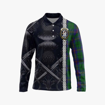 Tartan Vibes Clothing Carmichael Tartan Long Sleeve Polo Shirt with Family Crest Cross Sword Thistle Celtic Vibes